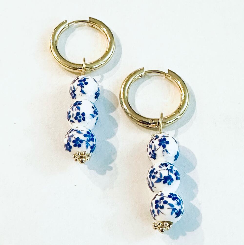 Chinoiserie Blue and White Beaded Hoop Earrings
